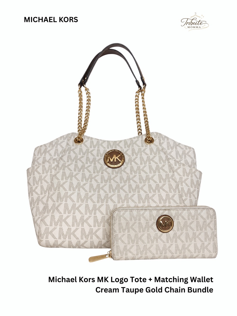 Michael Kors MK Logo Tote + Matching Wallet Cream Taupe Gold Chain Bundle